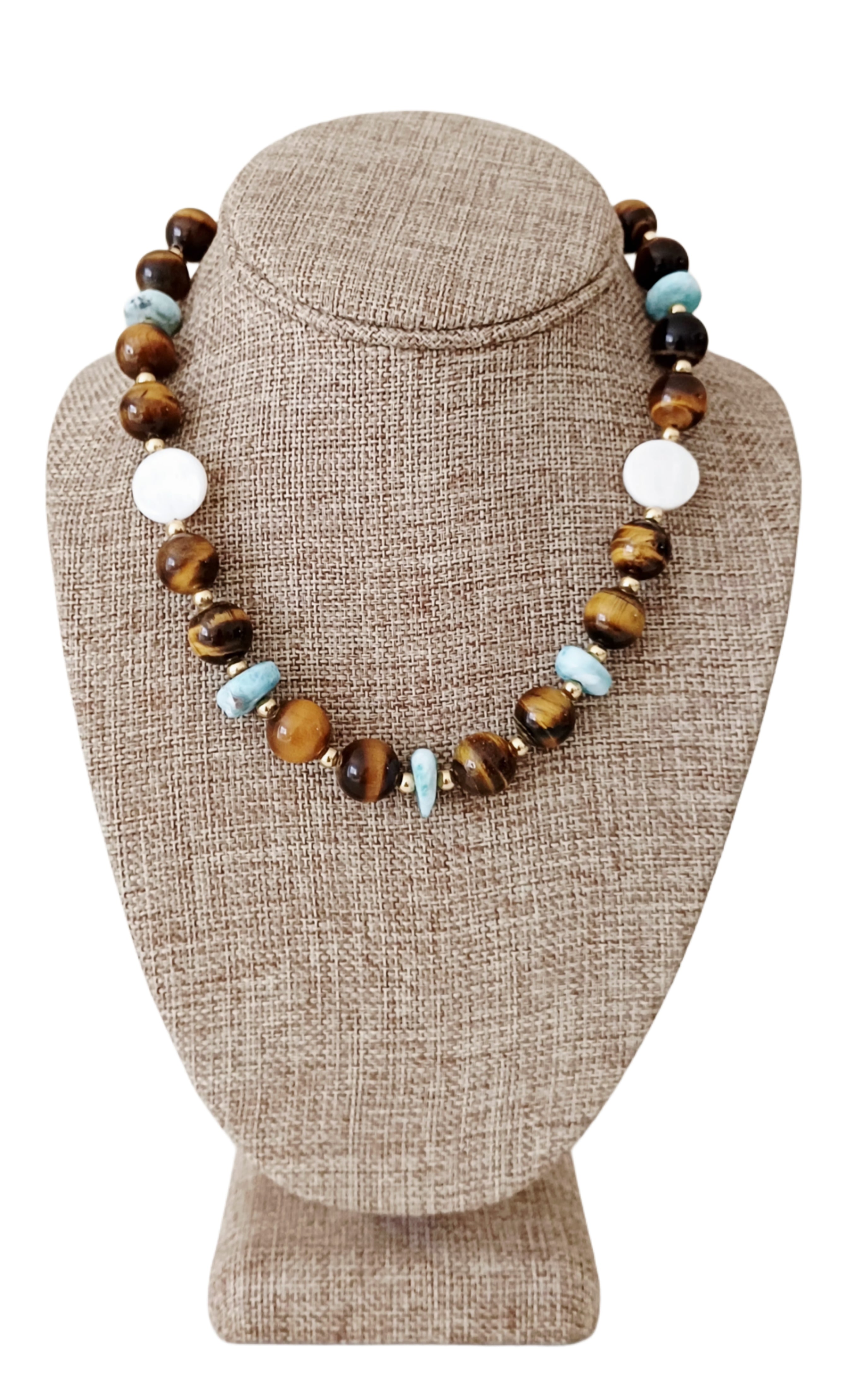 Collar de Ojo de Tigre, Nácar y Rondeles de Larimar