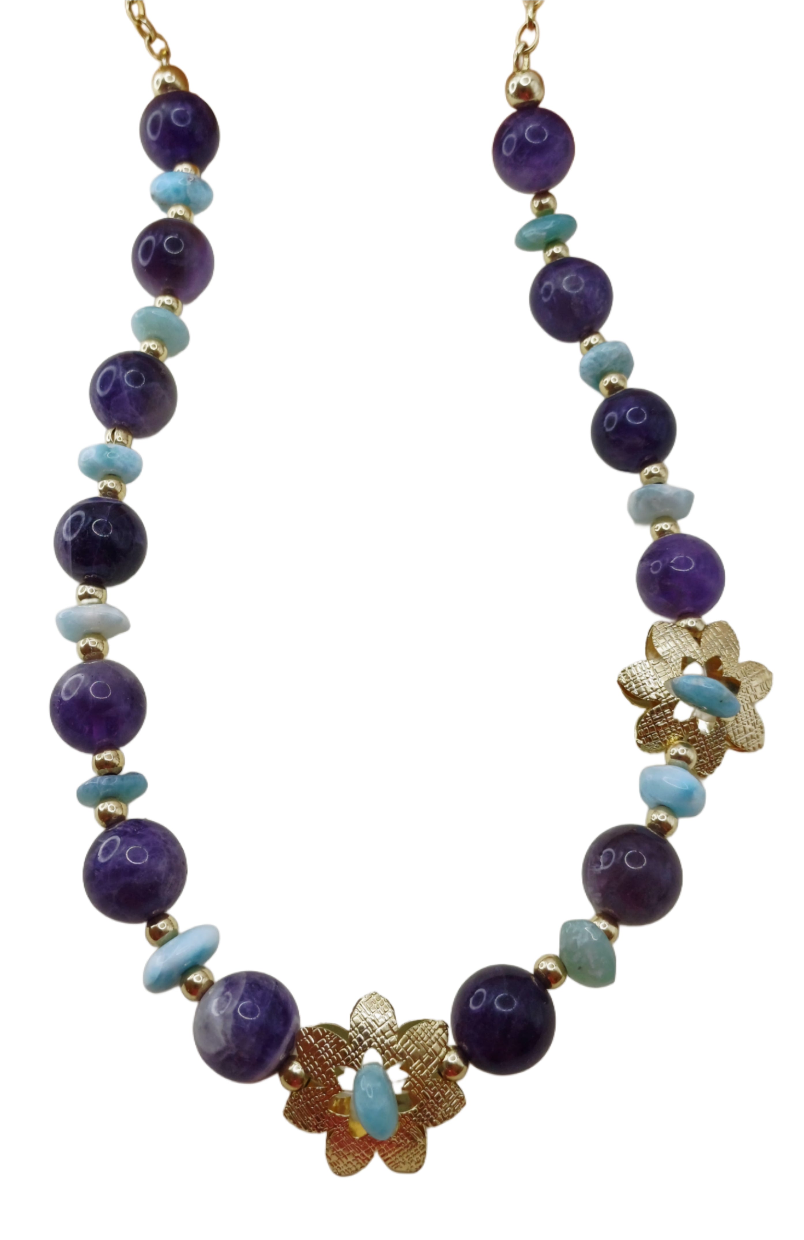 Collar floral de Amatista y chips de Larimar