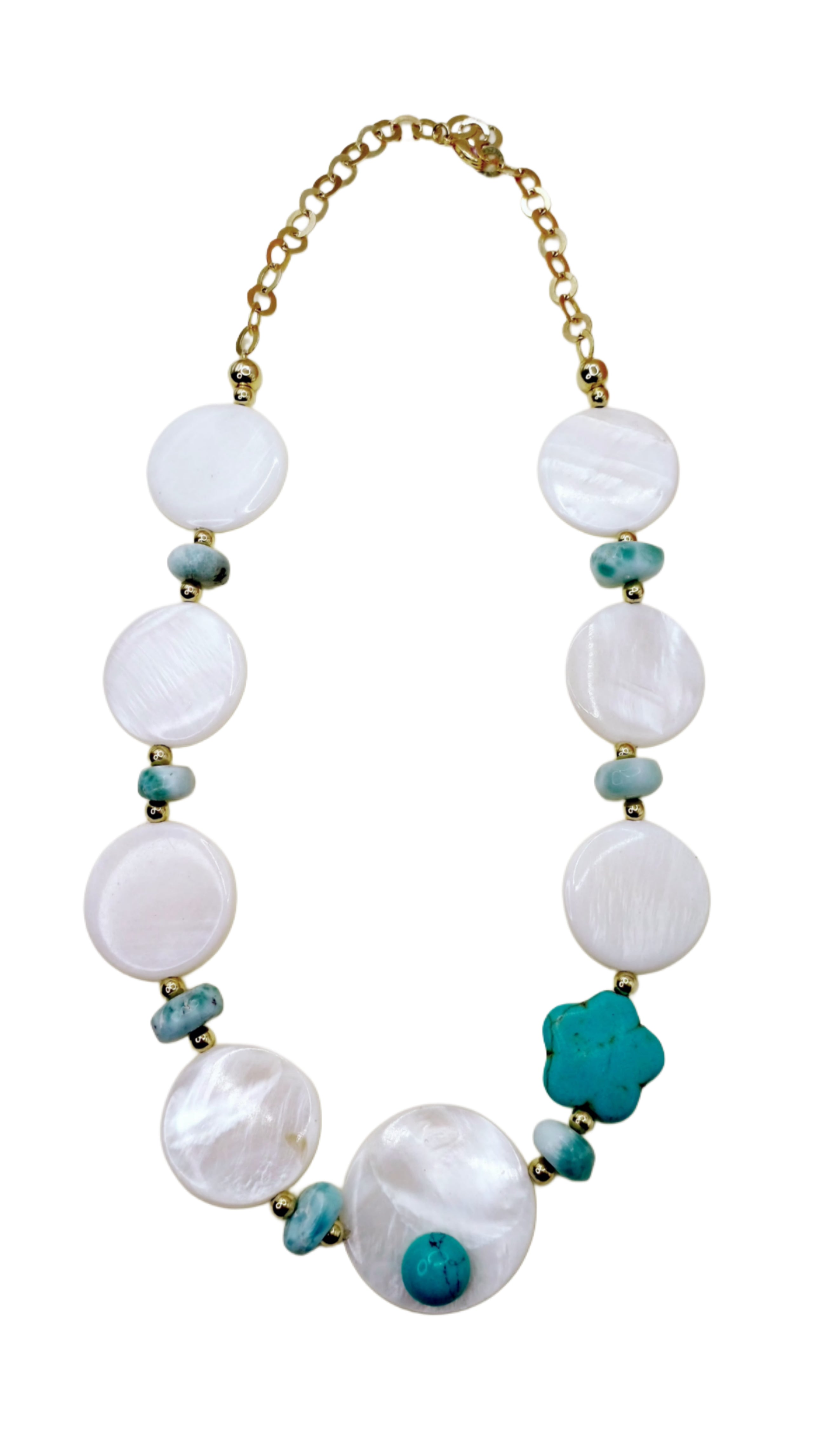 Collar Nácar, Rondeles de Larimar/ Turquesa