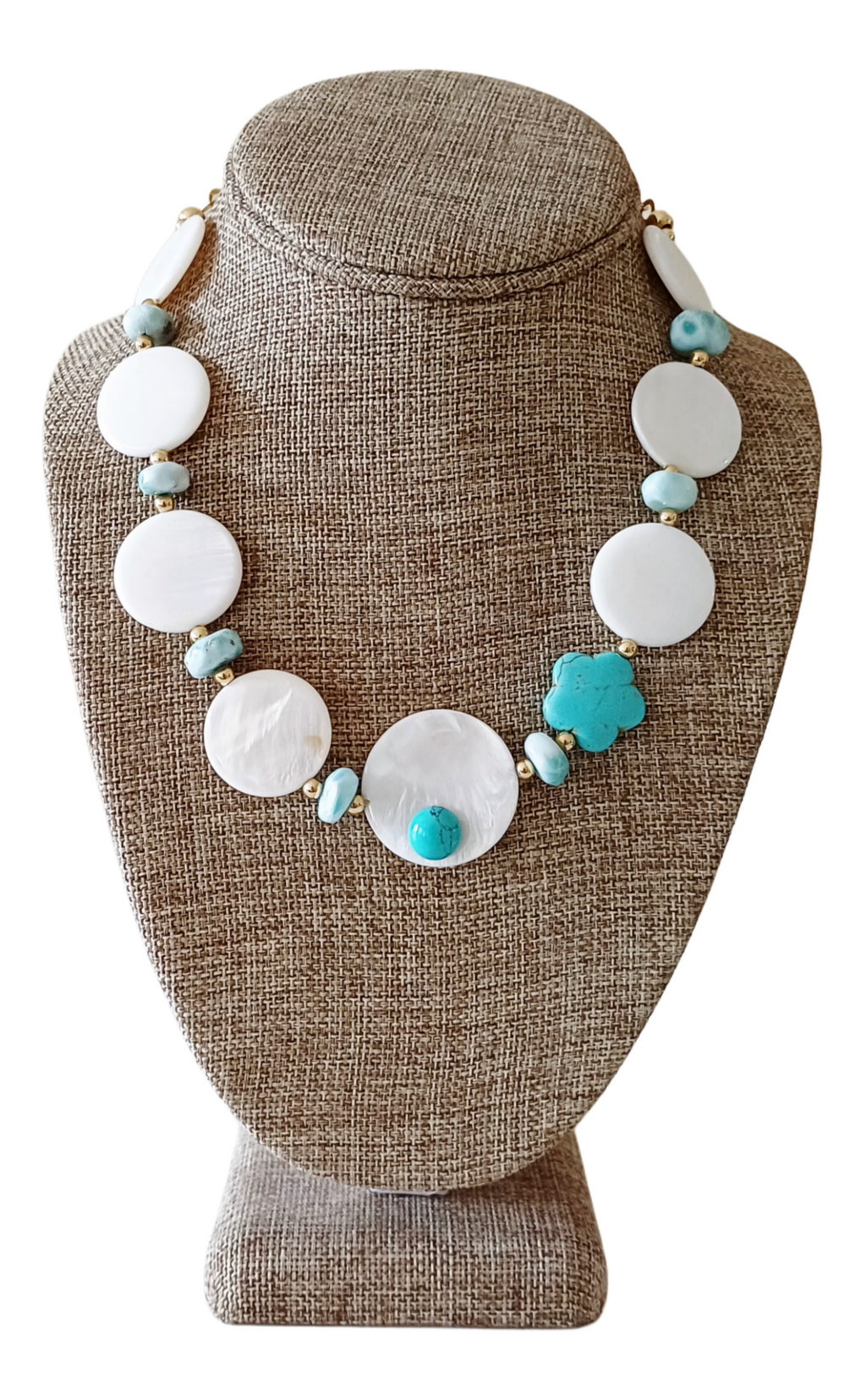 Collar Nácar, Rondeles de Larimar/ Turquesa