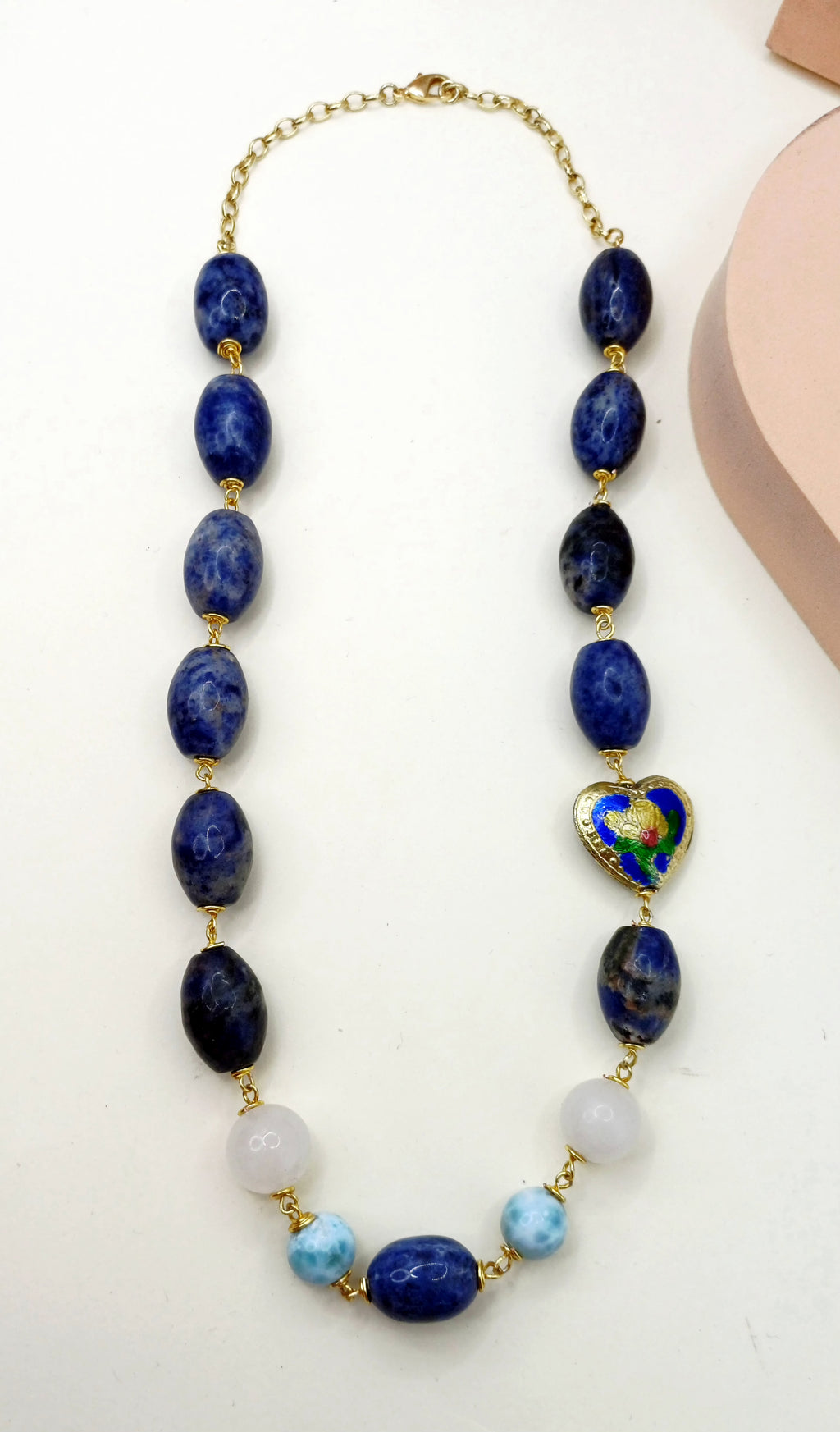 Collar de Soladita, Corazon Cloisonne, Larimar